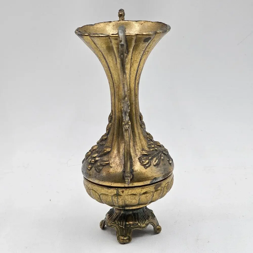 Vintage Italian Metal Bud Vase Gold Tone Ornate Floral Relief Scrolled Handles